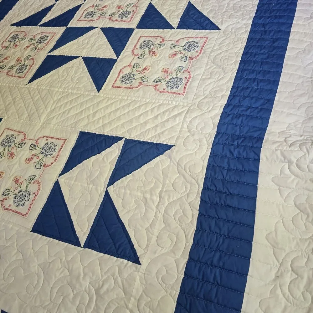 Vintage Handmade Quilt 88x103 Blue & White Cross Stitch Prairie Point Edge Queen